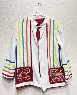 Vintage Linen Jacket Animal Embroidery XXL